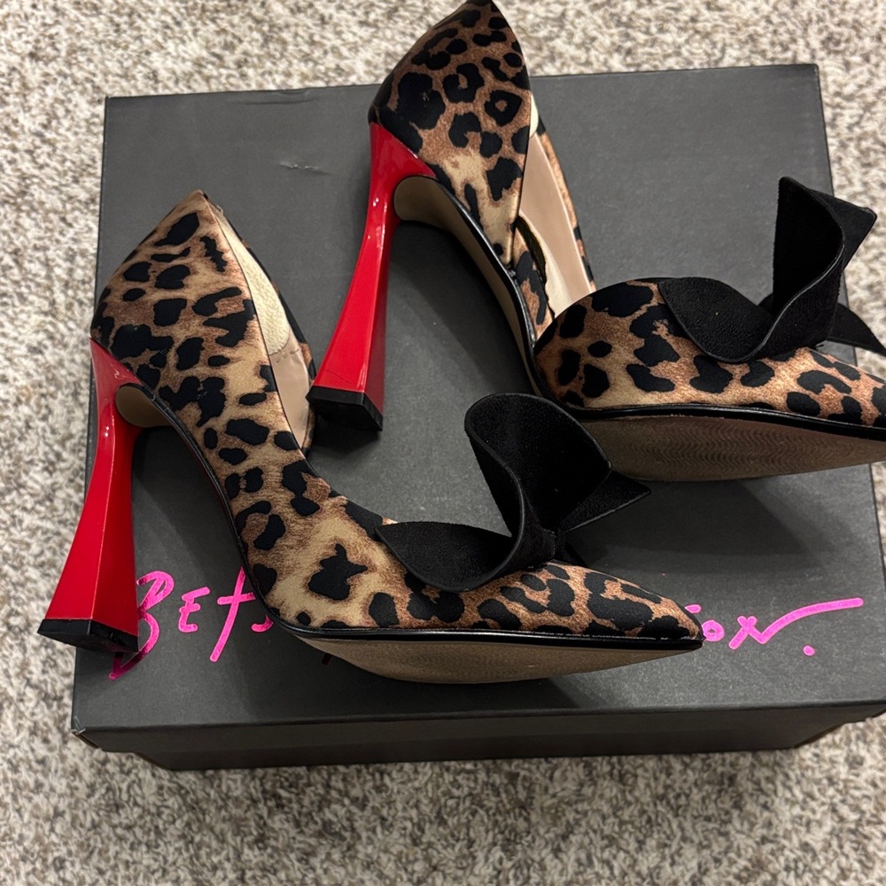 Betsey Johnson Leopard Print Heels with Red and Black Accents